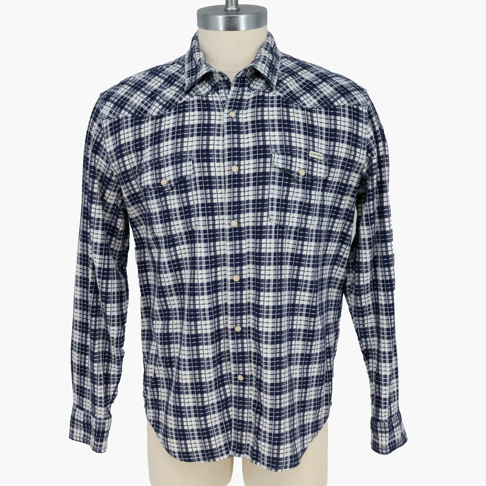 Lucky Brand Shirt Mens XL Navy Blue Plaid Pearl Snaps Classic Fit Western Cowboy